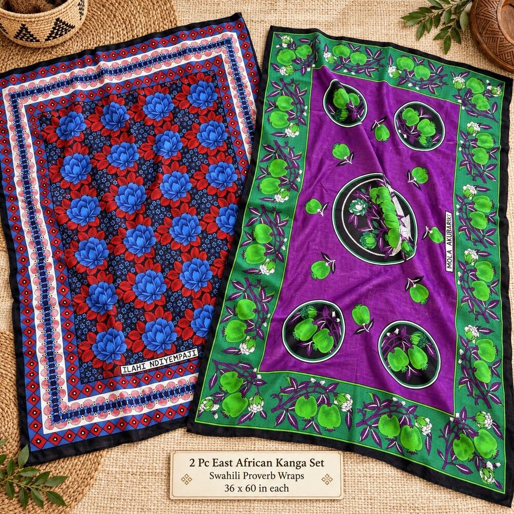 2 Pc East African Kanga Scarf Set Swahili Proverb Fabric Wrap 36x60
